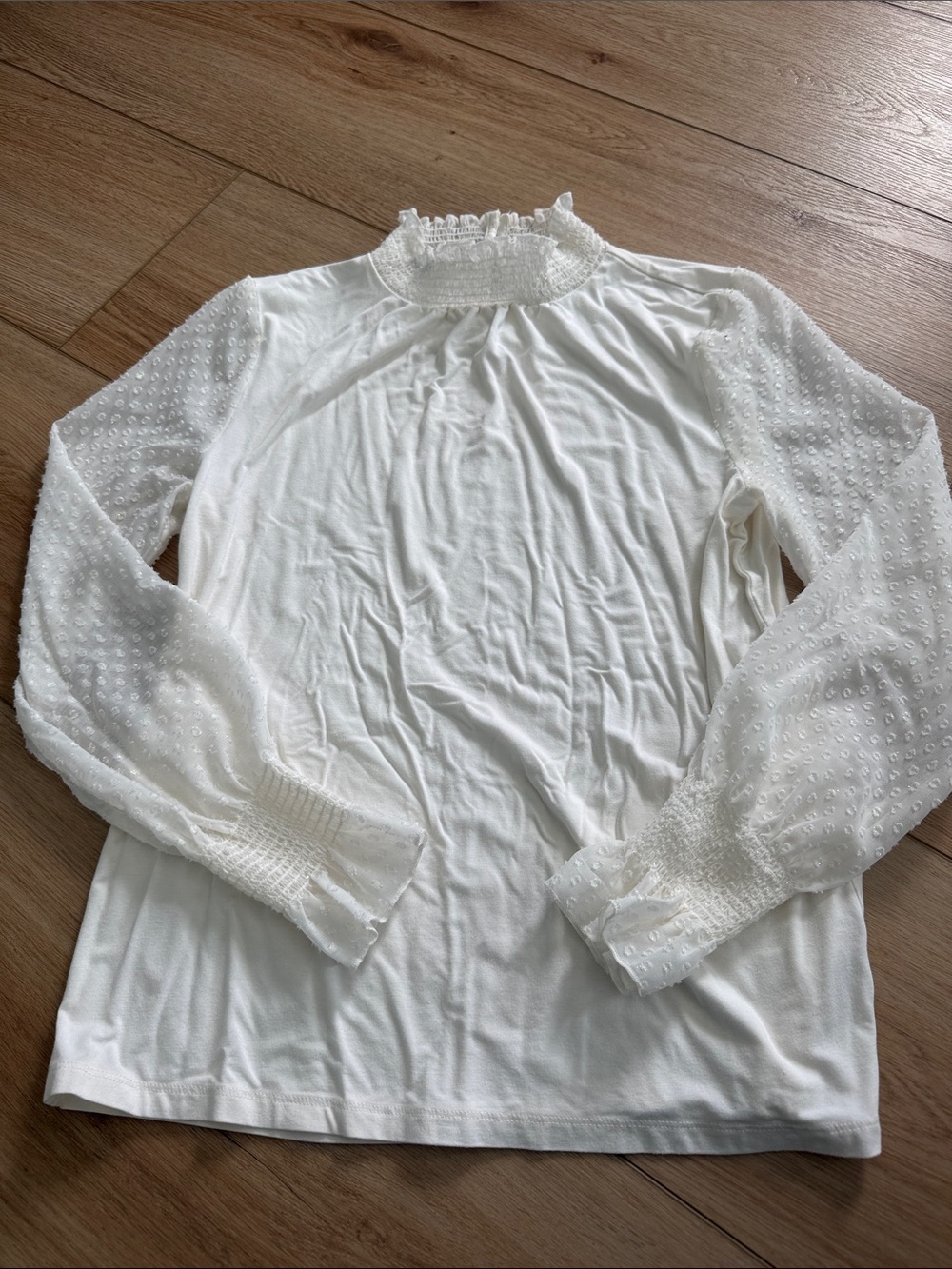 Talbots White High-Neck Sheer Dot Long-Sleeve Top